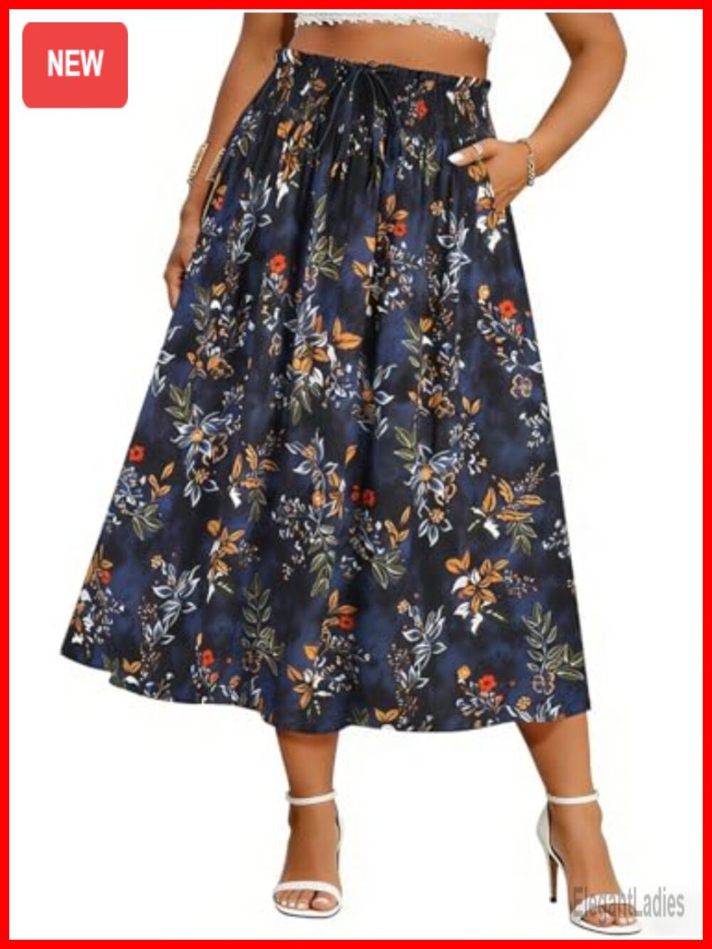 Plus Size High Waist Floral Maxi Skirt Rayon A-Line Drawstring Pockets
